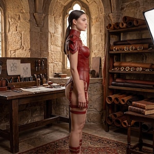 May include: A deep red leather bodysuit featuring a structured bodice, high-neck collar, and layered shoulder pauldrons. The garment includes a belted waist and integrated leg harness straps with metal buckles, extending down to the upper thigh area.
