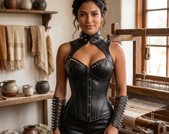 Women Genuine Leather Medieval Corset Armor Vest, Gothic Leather Armor Top with Collar Studs, Handcrafted Fantasy LARP Armor Vest