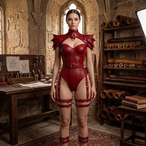 Red Leather Armor Bodysuit Set for Women, Medieval Costume Corset with Shoulder Pauldrons, Fantasy Cosplay Harness, LARP Leather Outfit