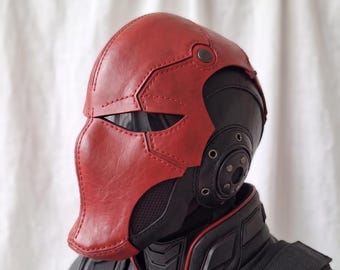 Red and Black Leather Mask Cosplay Armor Helmet, Handmade Tactical Cyberpunk Motorcycle Helmet, Medieval Sci-Fi Full Face Cosplay Mask