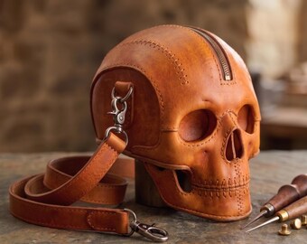 Leather Skull Bag, Gothic Leather Crossbody Purse, Real Leather Skull Shoulder Bag, Unique Halloween Gift, Biker Leather Skull Handbag
