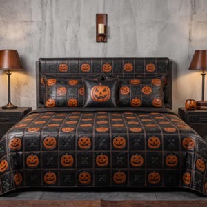 Handgemaakte leren Halloween-sprei en dekbedset, digitaal leren hoeslaken met pompoenmotief en kussenslopen, gotische slaapkamerdecoratie, griezelig cadeau