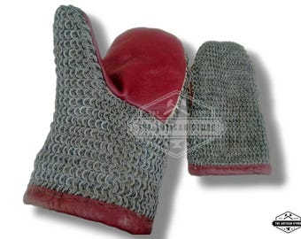 Gepolsterte Kettenhandschuhe/Fäustlinge - 6 mm Flachring Wechselring kuppelvernietet 4in1 Weave Flussstahl mit rotem Leder