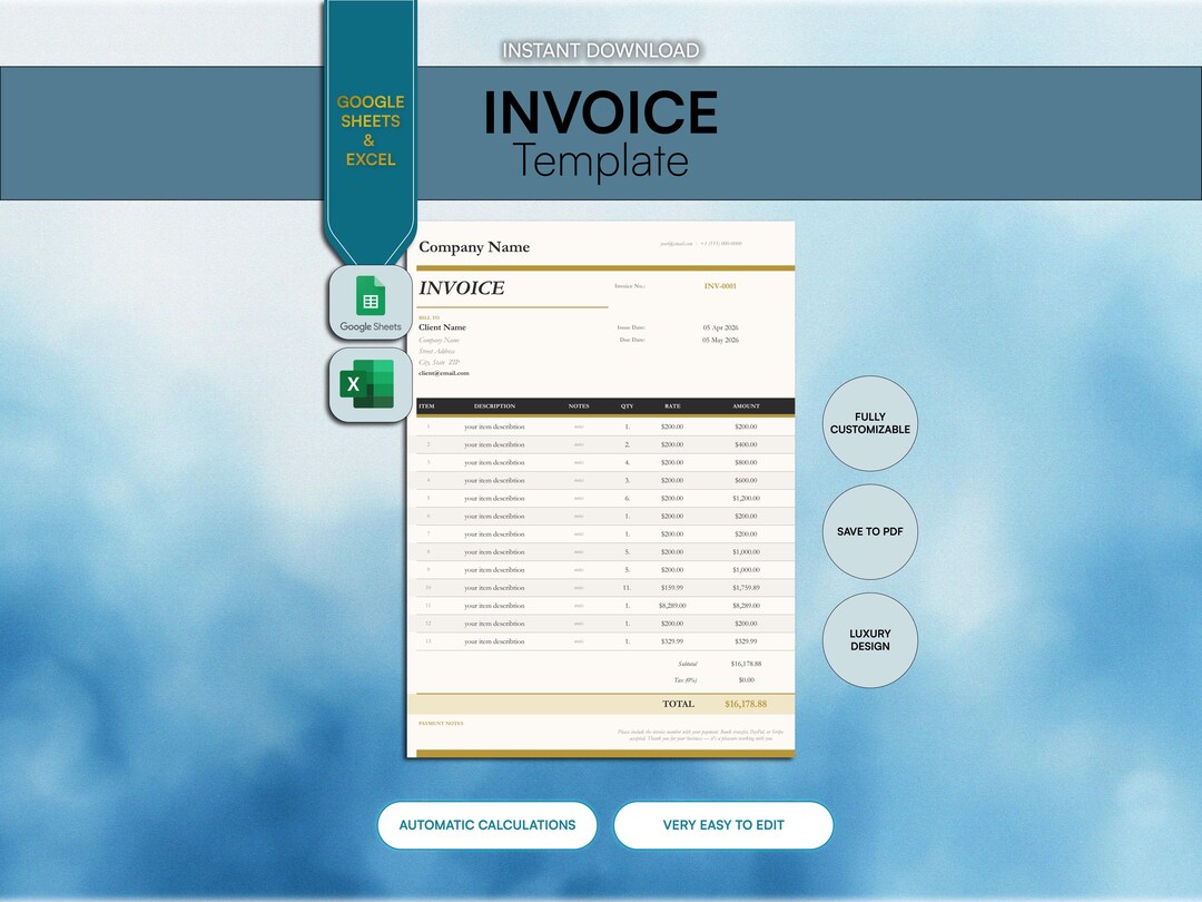Invoice Template Google Sheets and Excel With Auto Calculations ...