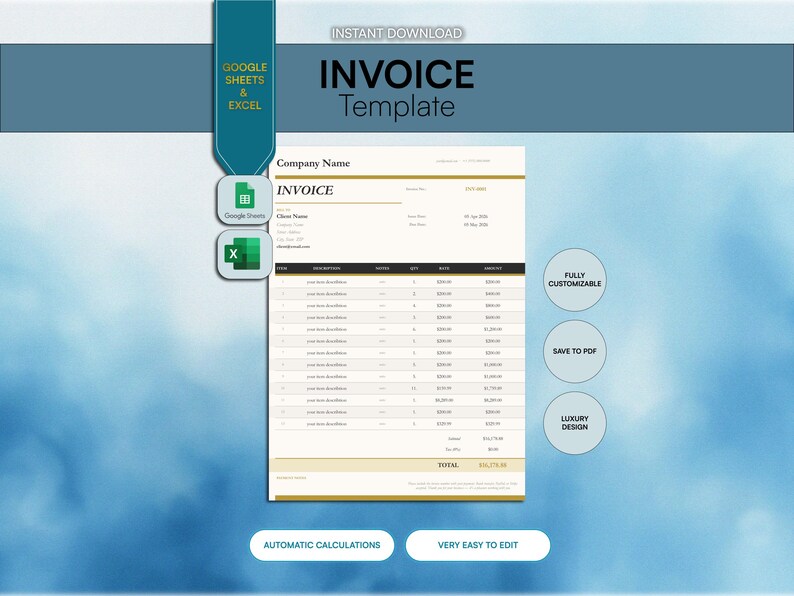 Invoice Template Google Sheets and Excel With Auto Calculations ...