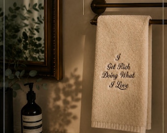 Embroidered Cotton Guest Hand Towel | "I Get Rich Doing What I Love" Mantra