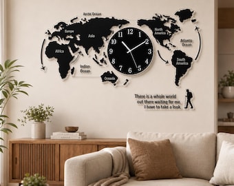 Reloj de pared con mapa del mundo, negro, sin luz, decoración de pared, reloj de viaje moderno, regalo para la sala de estar, oficina o dormitorio.