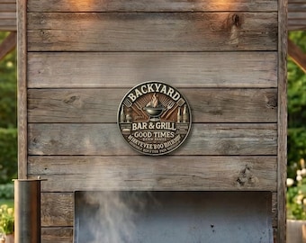 Metalowy znak „Backyard Bar & Grill”, dekoracja do grilla na świeżym powietrzu, sztuka ścienna na patio, zabawny prezent dla mistrza grilla, znak „Man Cave”, dekoracja ścienna do grilla, personalizowany