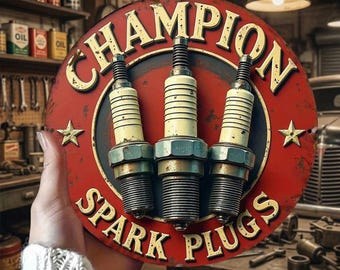 チャンピオン・スパークプラグのヴィンテージメタルサイン、レトロなガレージの壁飾り、インダストリアルな男の隠れ家アート、自動車整備士へのギフト、アンティークスタイルの丸型プラーク