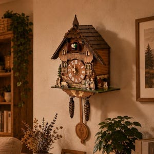 Peut inclure: Une horloge à coucou en bois en forme de maison avec un toit en bardeaux, un cadran rond à chiffres romains et un petit oiseau dans une fenêtre ouverte. Elle comporte deux poids en forme de pomme de pin et un pendule circulaire suspendu.