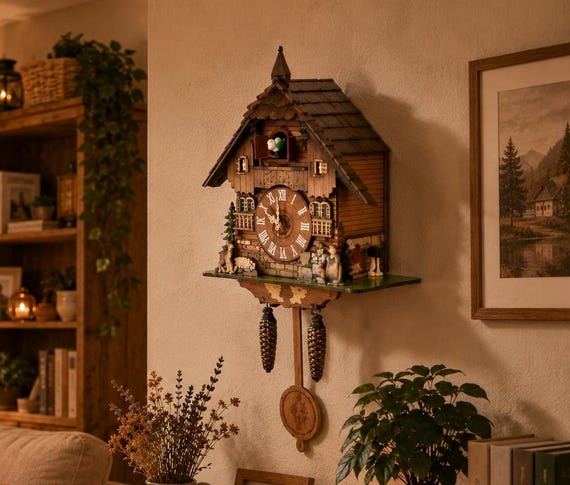 Wooden Cuckoo Clock Vintage Wall Clock Chime Black Forest House Pendulum Clock Cabin Wall Art Traditional Home Decor Cozy Chalet Gift