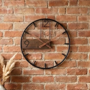 Minimalist Metal Wall Clock, Large Industrial Wall Decor, Modern Farmhouse Clock, Silent Office Wall Clock, Unique Wooden Accent Wall Art