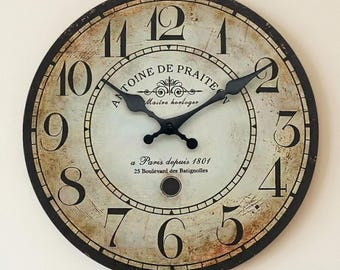 Vintage-Wanduhr aus Holz, französischer Landhausstil, große rustikale Pariser Uhr fürs Wohnzimmer, Wanddeko im antiken Bauernhausstil, Einzugsgeschenk