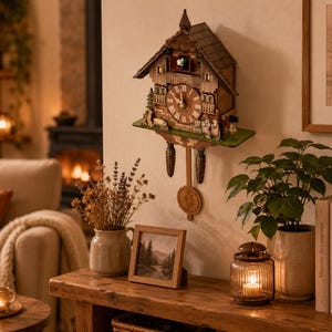 K&ouml;nnte beinhalten: Eine h&ouml;lzerne Kuckucksuhr in Chalet-Form mit braunem Dach, einem runden Zifferblatt mit r&ouml;mischen Ziffern, einer kleinen Vogelfigur in einem oberen Fenster sowie zwei tannenzapfenf&ouml;rmigen Gewichten unter einer zentralen Pendelscheibe.