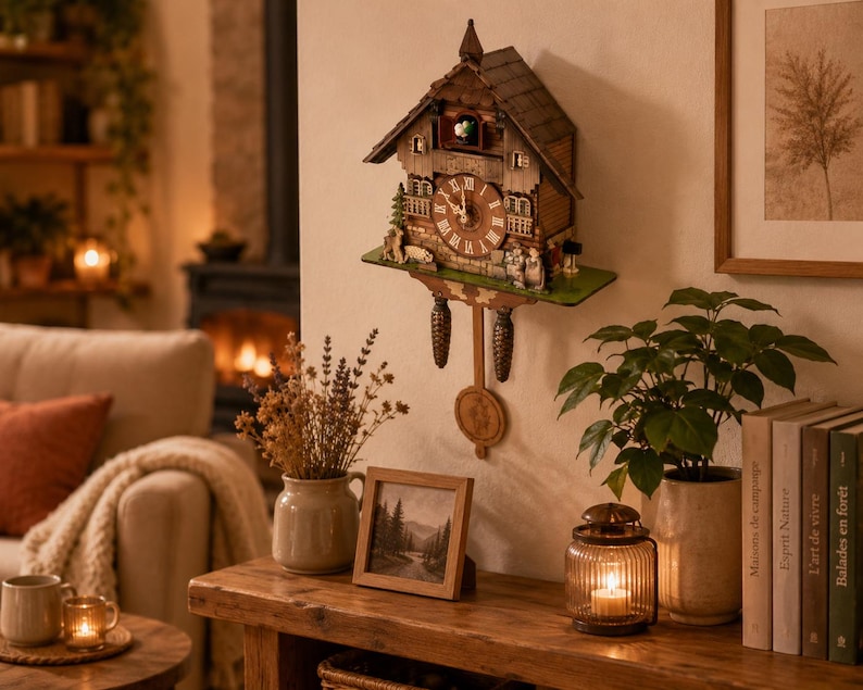 K&ouml;nnte beinhalten: Eine h&ouml;lzerne Kuckucksuhr in Chalet-Form mit braunem Dach, einem runden Zifferblatt mit r&ouml;mischen Ziffern, einer kleinen Vogelfigur in einem oberen Fenster sowie zwei tannenzapfenf&ouml;rmigen Gewichten unter einer zentralen Pendelscheibe.