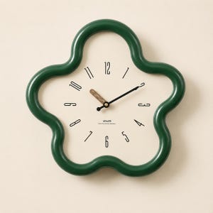 May include: A wall clock with a dark green, wavy, flower-shaped frame and a cream-coloured face. The clock features black numerals from 1 to 12, black hour and minute hands, a wavy brown second hand, and the text "WIZOOM" printed on the face.