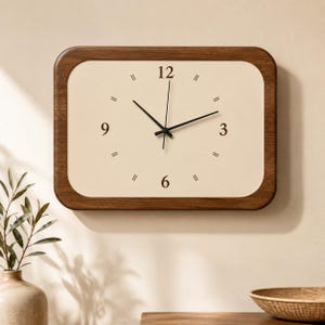 Könnte beinhalten: Eine rechteckige Wanduhr mit einem dunkelbraunen Holzrahmen und einem cremefarbenen Zifferblatt. Die Uhr verfügt über schwarze Stunden- und Minutenzeiger, schwarze Ziffern an den Positionen 12, 3, 6 und 9 sowie einfache schwarze Striche.