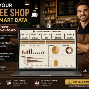 Puede incluir: Una computadora portátil muestra un panel de ventas de cafetería con gráficos y datos. La imagen incluye el texto "Haga crecer su cafetería con datos inteligentes" y "Panel de ventas de cafetería". Un hombre con delantal sonríe en el fondo.