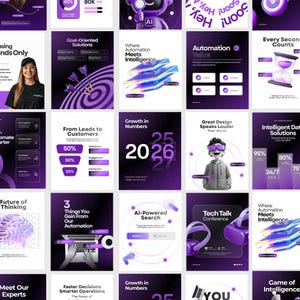 May include: A digital collage of twenty-five purple and white graphic design panels featuring business themes, including text like Goal-Oriented Solutions, Automation Value, Growth in Numbers, and Intelligent Data Solutions with various icons.