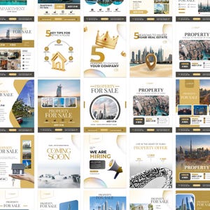 May include: A selection of property marketing materials. The designs use gold and white, with images of buildings and cityscapes. Text includes "Property for Sale," "Apartment for Sale," and promotional offers.