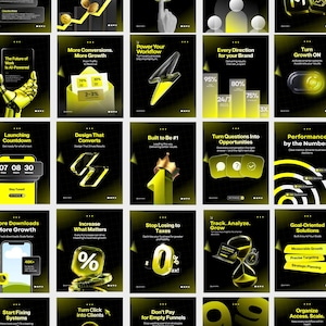 May include: A collection of twenty-five digital marketing social media templates featuring a black background with yellow neon accents, grid patterns, and various 3D icons including a lightning bolt, crown, hourglass, and percentage symbol.