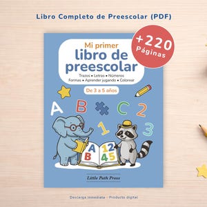 以下が含まれることがあります： ゾウ、アライグマ、数字のイラストが描かれた、青い未就学児向けワークブック「Mi primer libro de preescolar」。 本には「+220 Páginas」というテキストが含まれており、3〜5歳の子供向けに設計されています。