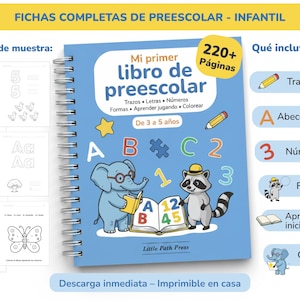 May include: A blue spiral-bound preschool workbook titled "Mi primer libro de preescolar" with an elephant and raccoon illustration. The book includes sections on tracing, letters, numbers, and colouring. Sample pages are displayed.