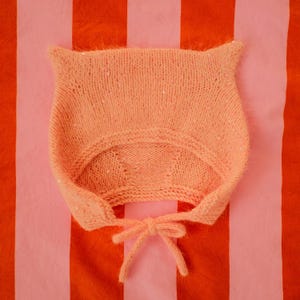 Handmade Angora Kitty Ears Pixie Bonnet Hat (Peach pink with sequins)
