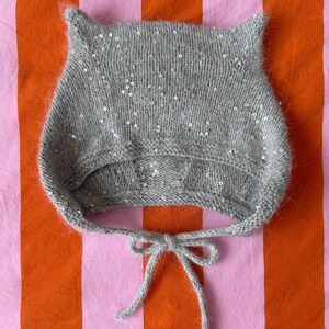 Handmade Angora Kitty Ears Pixie Bonnet Hat (Light grey with sequence)