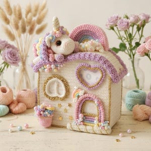 Puede incluir: Una casa caprichosa de ganchillo con un unicornio, un arcoíris y detalles florales. La casa es principalmente de color crema con adornos dorados, una ventana en forma de corazón y un arcoíris. Se utilizan colores pastel en todo el diseño.