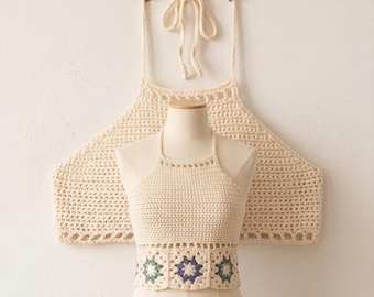 Crochet Halter Top Pattern PDF – Boho Granny Square Crop Top, Summer Knit Top Pattern