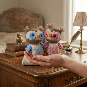 Puede incluir: Dos figuras de búhos tejidos a mano. Un búho tiene ojos y alas azules, el otro tiene ojos y alas rosas. Ambos tienen cuerpos marrones y beige, patas naranjas y pequeños mechones de pelo. Los búhos se sostienen en una mano.