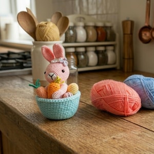 May include: A handmade crochet Easter bunny figurine in a light blue basket, holding two orange carrots and two yellow eggs. The bunny is pink with a white bow. Two balls of yarn, one coral and one blue, sit on a wooden surface.