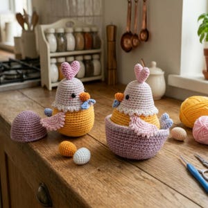 Puede incluir: Dos figuras de pollo hechas a mano con ganchillo, con crestas y alas en forma de corazón, en una combinación de colores amarillo, blanco y rosa. Un pollo está en una cesta morada, el otro está separado. Pequeños huevos de ganchillo cerca.