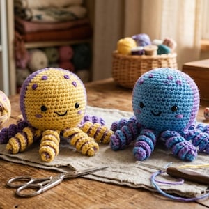 Puede incluir: Dos pulpos de ganchillo hechos a mano, uno amarillo y otro azul, están sobre una mesa de madera. El pulpo amarillo tiene detalles morados, y el azul tiene detalles morados y azules. Hilo, tijeras y otros materiales de artesanía también están sobre la mesa.