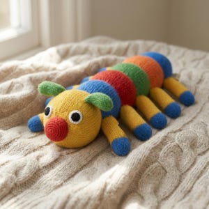 以下が含まれることがあります： 黄色い頭、赤い鼻、黒い目のカラフルな編み物で作られた毛虫のおもちゃ。体の部分は青、赤、緑、オレンジ色。青い先端と緑色の触角が付いた黄色の脚があり、クリーム色の編み物ブランケットの上に置かれています。