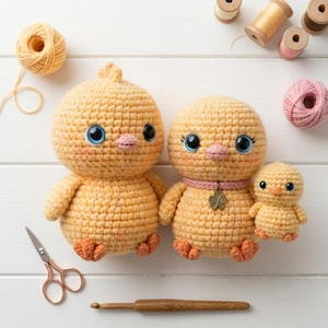 Haakpatroon Chick Family, pdf amigurumi-kuiken, schattige babykuikenset, eenvoudig pluchepatroon