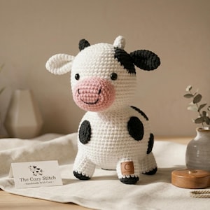 Puede incluir: Una vaca de ganchillo hecha a mano, blanca con manchas y orejas negras. Tiene una nariz rosa y una boca sonriente. El logotipo de The Cozy Stitch es visible en una pequeña tarjeta. Una etiqueta de cuero marrón con una "C" está unida a la pata.