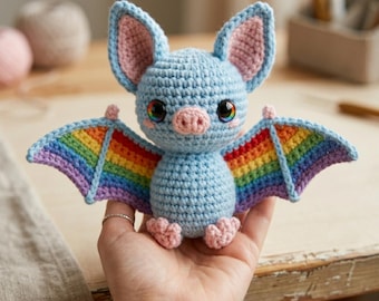 Patrón de ganchillo para murciélago, murciélago amigurumi en PDF, murciélago con alas arcoíris adorables, patrón de ganchillo fácil