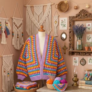Könnte beinhalten: Ein farbenfroher, offener Häkelcardigan im Granny-Square-Muster. Der Pullover hat eine Mischung aus Lila, Orange, Gelb und Blau. Der Cardigan wird auf einer Schaufensterpuppe präsentiert, mit passenden Häkelquadraten und Garn in Körben.