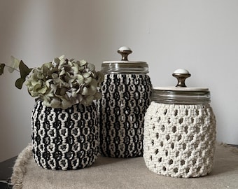 Macrame Glass Tealight Holder with Lid – Boho Candle Holder, Vase & Storage Jar – Handmade Boho Decor – Individually Configurable