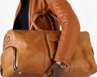 Bolsa de viaje de piel plena flor, bolsa de mano grande con compartimento para zapatos, bolsa de viaje artesanal para hombres y mujeres, bolsa de fin de semana.