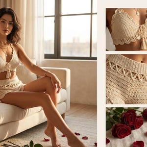 May include: A cream-coloured crochet top and shorts set. The halter top has a scalloped edge and tassel detail. The shorts are high-waisted. The set is displayed with red roses and the text "MIDNIGHT BLOOM CREAM CROCHET SET".