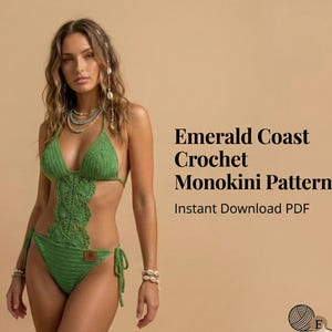 Mönster för virkad monokini i Emerald Coast | Boho spetsbadkläder i PDF-format för festival, strandkläder, virkad topp och nederdel