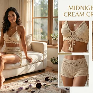 Op de afbeelding: Crèmekleurige gehaakte set, bestaande uit een haltertop en shorts, getoond op een model dat op een bank zit. De top heeft een V-hals met kwastjes en de shorts hebben zijbanden. Close-up beelden van de top en shorts zijn ook inbegrepen.