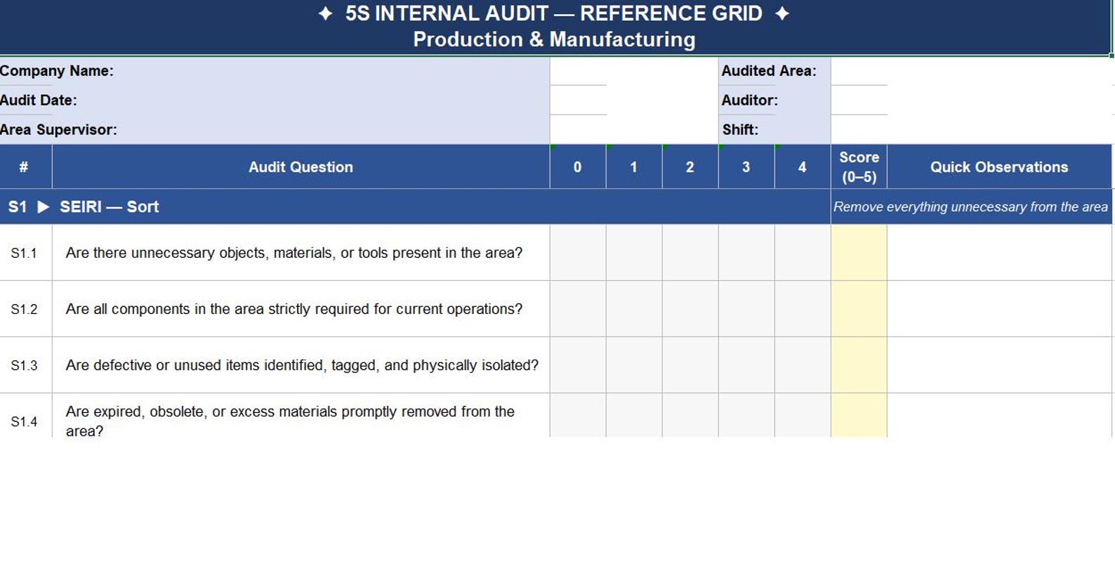 5S Audit Grid: Lean Manufacturing Assessment Tool (excel File) - Etsy ...