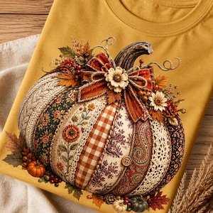 May include: A mustard yellow t-shirt featuring a large graphic of a decorative pumpkin. The pumpkin is composed of various fabric patterns including cable knit, floral prints, gingham, and lace, accented with a velvet bow and dried flowers.