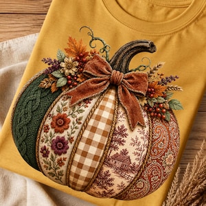 May include: A mustard yellow t-shirt featuring a large graphic of a pumpkin decorated with various patterns including green cable knit, floral embroidery, brown gingham, a landscape scene, and paisley, topped with a brown velvet bow.