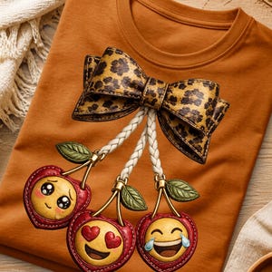Op de afbeelding: Een roestoranje t-shirt met een grote afbeelding van een strik met luipaardprint bevestigd aan drie gevlochten witte koorden. Elk koord eindigt in een rode kersvormige bedel, elk met een ander geel emoji-gezichtje: verdrietig, verliefd en lachend.