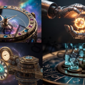 Pode incluir: Uma colagem de imagens com designs em estilo steampunk. Uma imagem mostra uma bússola detalhada com um fundo celestial. Outra retrata mãos robóticas segurando um orbe brilhante. Outras imagens mostram relógios e engrenagens intrincados.
